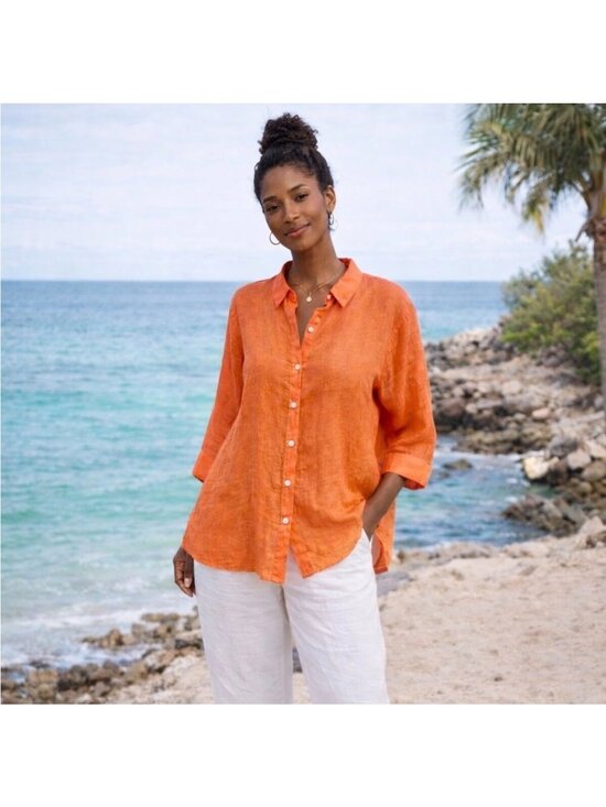 Chico's Tops - Chicos 100% Linen Button Down Shirt Tunic Womens 2XL 4 Orange Lagenlook Coastal